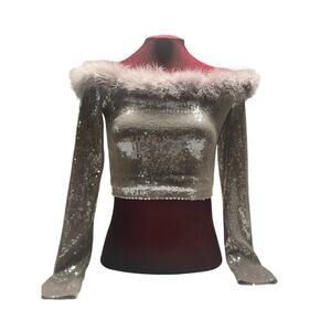 Faux Fur-Trim Sequin Crop Top by Forever 21, size small